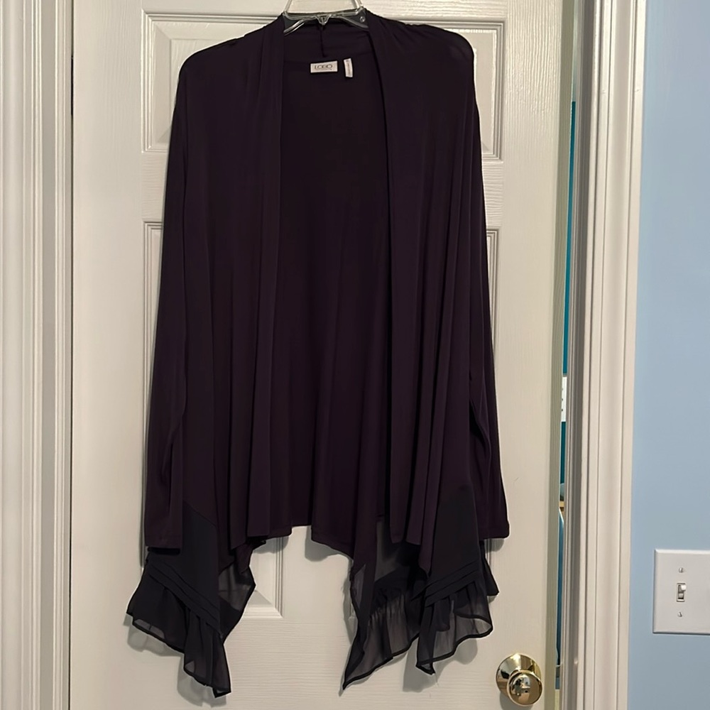 LOGO brand long sleeved draped-front cardigan with sheer ruffled side XL